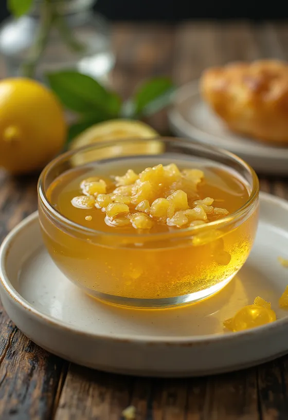 Hunaja-sitruuna-inkiväärikuorrute kulhossa, sitruunaviipaleilla ja inkiväärillä koristeltuna.