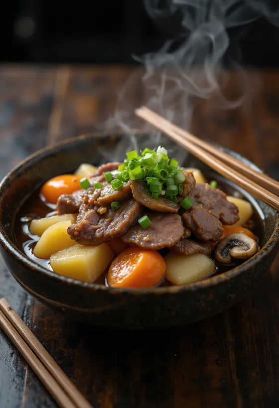 Miso-Nikujaga, naudanlihalla, vihanneksilla ja misotahnalla tarjoiltuna
