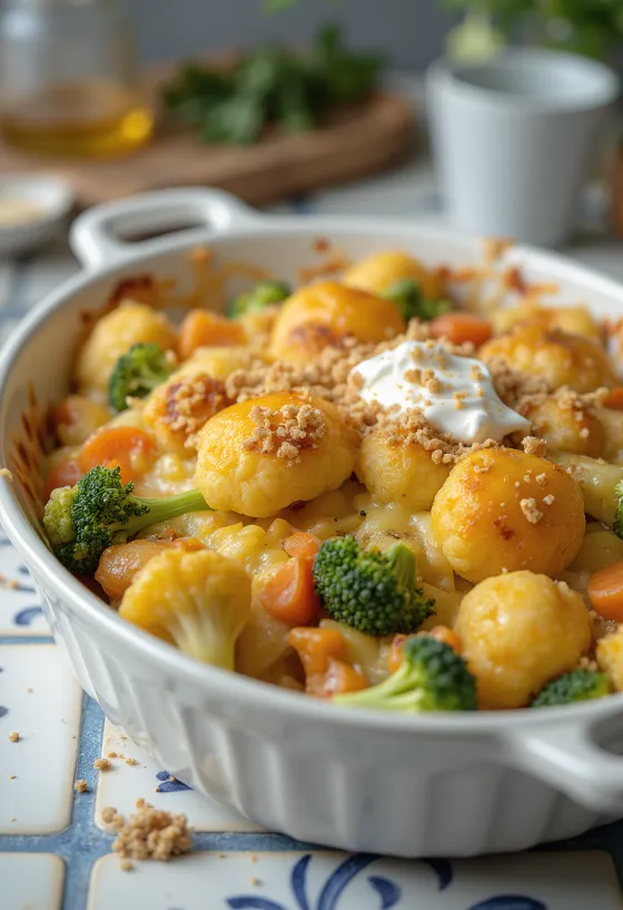 Vihannespaistos pehmeiksi paistetuilla vihanneksilla, kermaisella kastikkeella ja sulaneella juustolla.