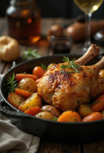 Paahdettu ankankoipi rapealla nahalla ja paahdetuilla vihanneksilla