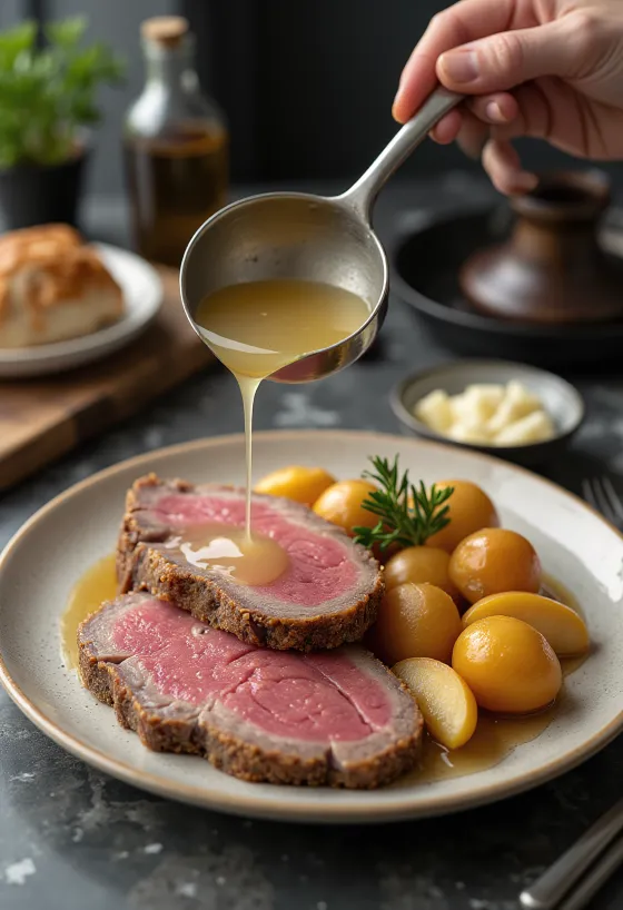 Tafelspitz tarjoiltuna perunoiden ja omenapiparjuuren kera