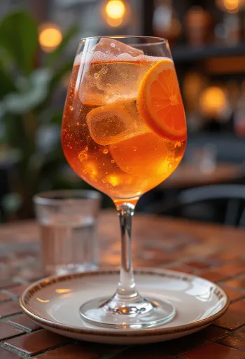 Aperol Spritz appelsiiniviipaleella ja jääkuutioilla koristeltuna
