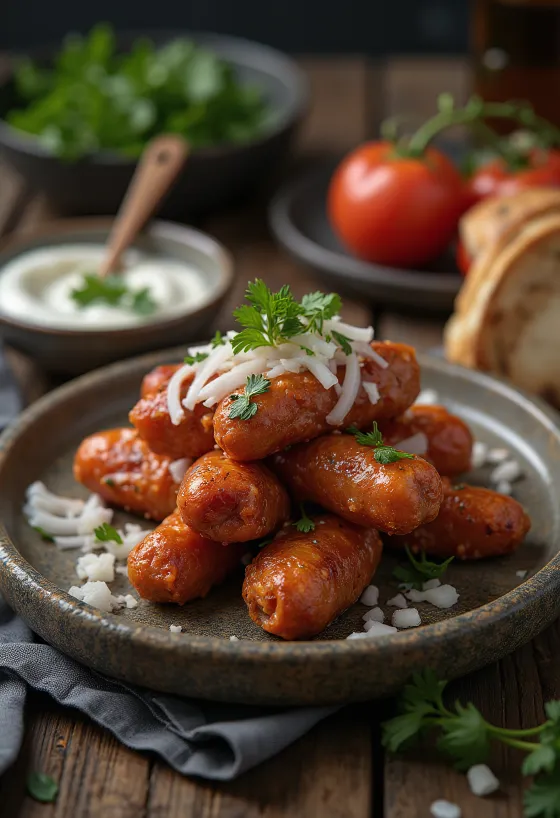 Mausteinen Cevapi, vastapaistettu ja kauniin kullanruskea, pitaleivällä tarjoiltuna