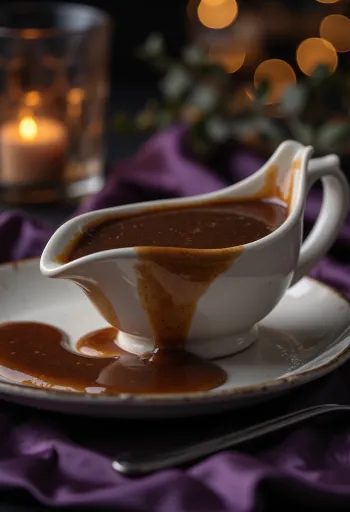 Tumma olutkastike tarjoiltuna paistettujen lihojen kanssa