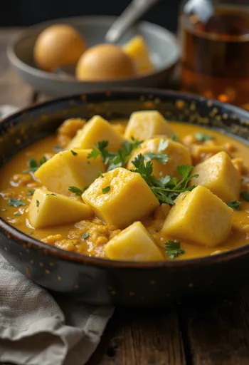 Mausteinen munakoisocurry tarjoiltuna