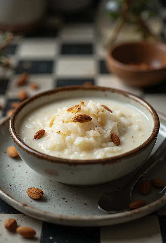 Riisi-kheer jälkiruoka mantelilla ja kardemummalla koristeltuna