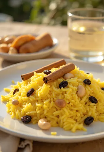 Sahraminen mishti pulao, mausteinen riisi, koristeltu ruusuvedellä ja kuivatuilla hedelmillä