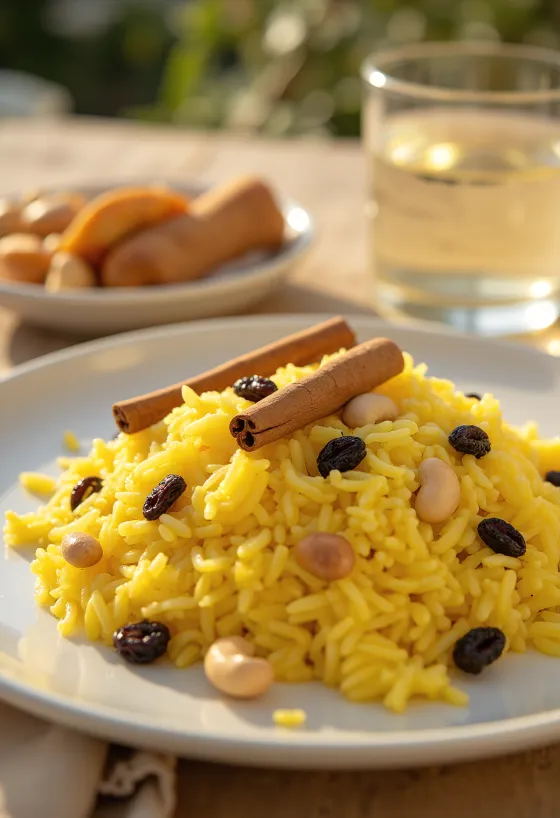 Sahraminen mishti pulao, mausteinen riisi, koristeltu ruusuvedellä ja kuivatuilla hedelmillä