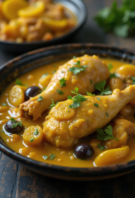 Tagine-kana säilötyillä sitruunoilla tarjoiltuna perinteisessä taginessa