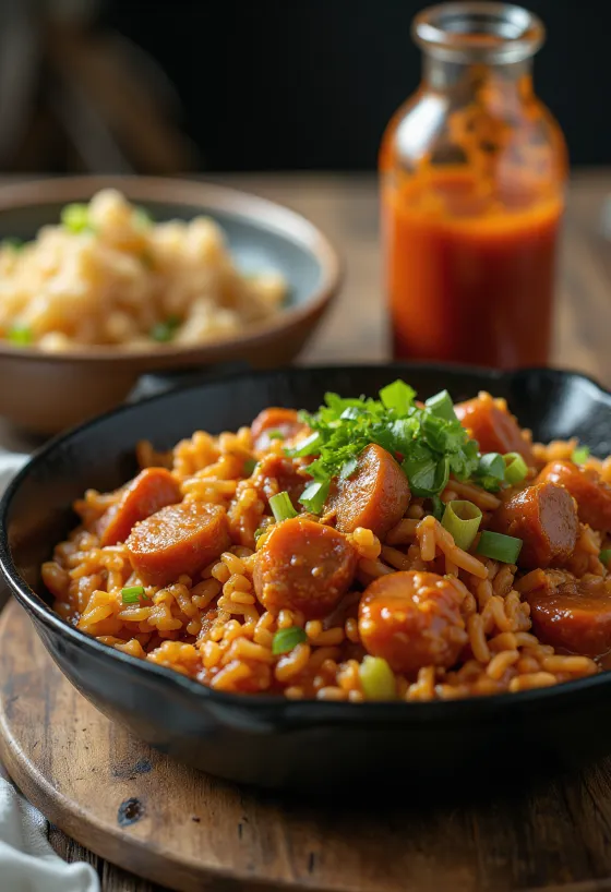 Jambalaya naudanlihalla, paprikalla ja riisillä