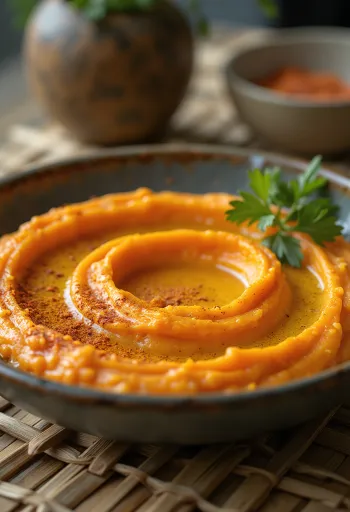 Mausteinen porkkanahummus tarjoiltuna