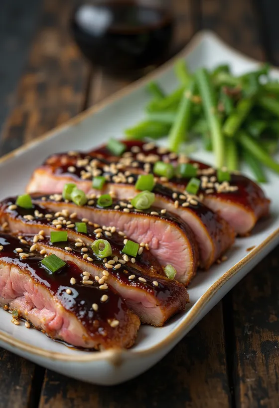 Teriyaki-ankka, japanilaistyylinen ankanrinta kastikkeella ja seesaminsiemenillä