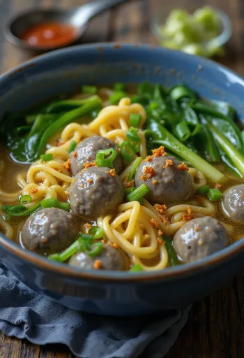 Bakso, indonesialainen lihapullakeitto tarjoiltuna