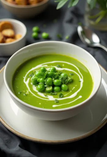 Kermainen hernesosekeitto tarjoiltuna