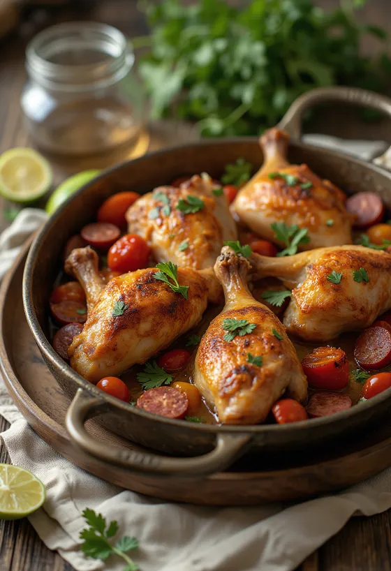 Frango assado chorizon kera, tuoreella korianterilla ja limen mehulla tarjoiltuna
