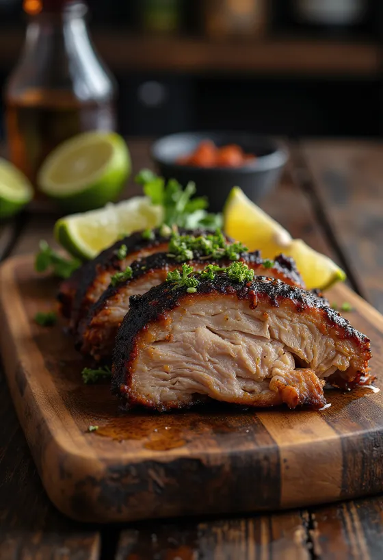 Jerk pork tarjoiltuna riisin ja papujen kanssa
