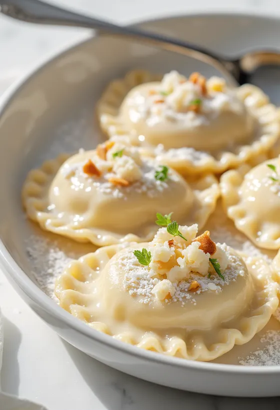 Kandeerattu manteliravioli tarjoiltuna