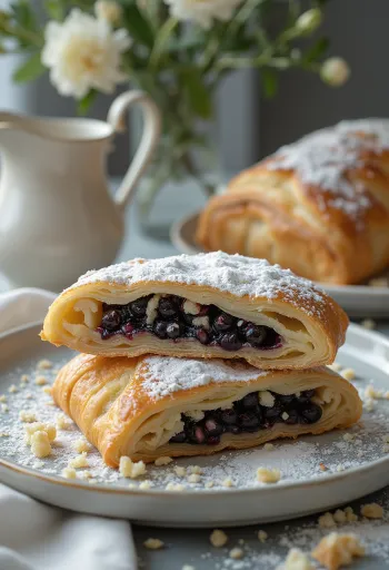 Vastapaistettu unikonsiemenstruudeli rapealla taikinalla, viipaleiksi leikattuna, tomusokerilla ripoteltuna.