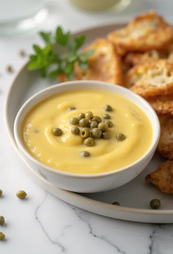 Hunaja-sinappi-kapriskastike kulhossa, koristeltuna kapriksilla ja tuoreella persiljalla.