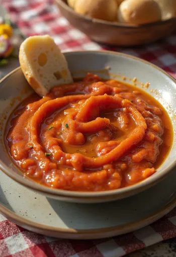 Makea mojo rojo -kastike kulhossa, ympärillä paahdettuja paprikanpaloja