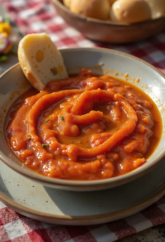 Makea mojo rojo -kastike kulhossa, ympärillä paahdettuja paprikanpaloja