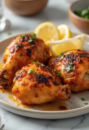 Tandoorikana jogurttimarinadissa paistettuna, tuoreilla yrteillä tarjoiltuna