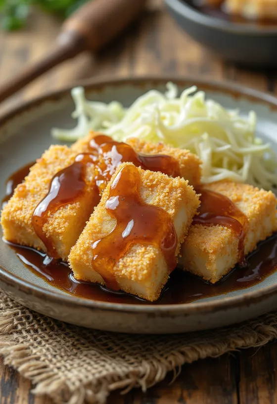 Tofu katsu, rapea leivitetty tofu tonkatsu-kastikkeella
