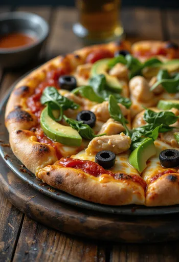 California Pizza tuoreella avokadolla, broilerinrinnalla ja pinaatilla