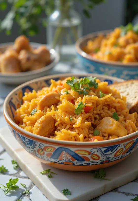 Jollof-riisi tarjoiltuna kanan kanssa