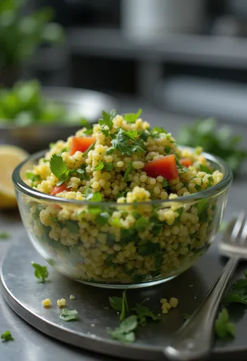Kvinoa-tabbouleh tuoreilla yrteillä tarjoiltuna