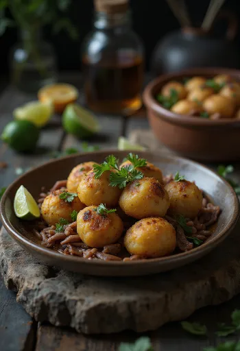 Acarajé suolalihalla kullanruskeaksi paistetussa taikinassa