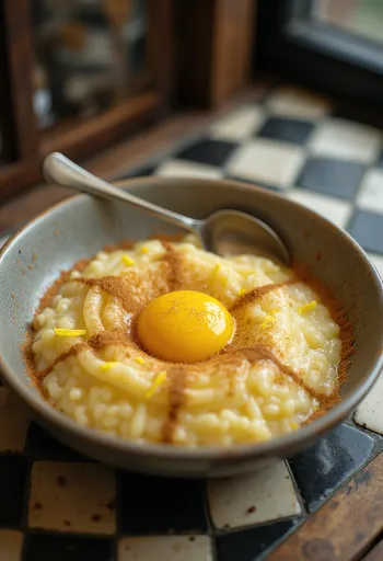 Arroz doce munankeltuaisella, kanelilla ja sitruunankuorella tarjoiltuna