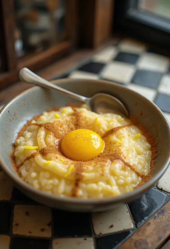 Arroz doce munankeltuaisella, kanelilla ja sitruunankuorella tarjoiltuna
