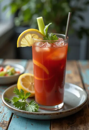 Bloody Mary -cocktail varsisellerillä ja sitruunaviipaleella koristeltuna