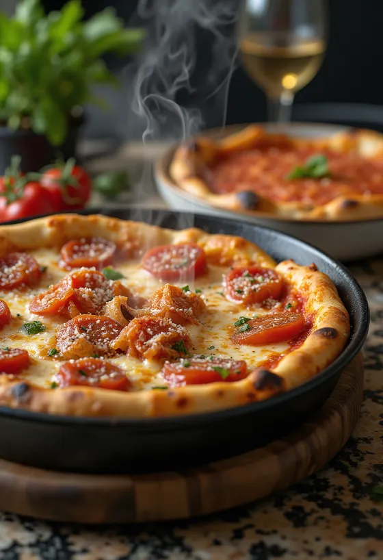 Chicago Deep-Dish Pizza runsaalla juustolla ja tomaattikastikkeella