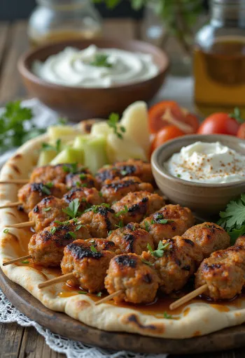Kafta tarjoiltuna tuoreen pitaleivän ja salaatin kanssa