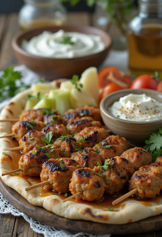 Kafta tarjoiltuna tuoreen pitaleivän ja salaatin kanssa