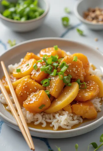 Päärynäinen tangsuyuk kananlihalla, seesaminsiemenillä ja kevätsipulilla tarjoiltuna