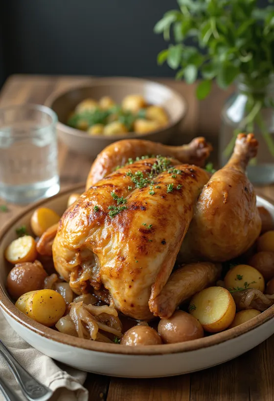 Paistettu kalkkunankoipi tarjoiltuna paistettujen perunoiden ja sipulin kera