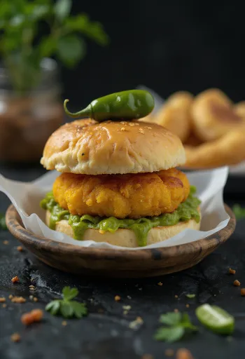 Tarjoiltu lihalla täytetty Vada Pav