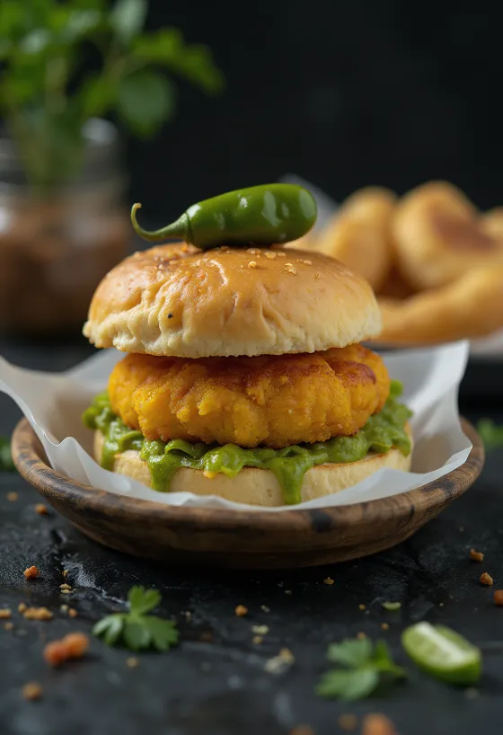 Tarjoiltu lihalla täytetty Vada Pav