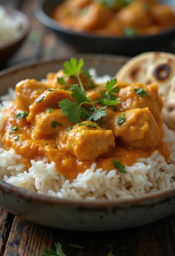 Kana tikka masala basmatiriisillä tarjoiltuna
