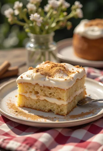 Kanelinen kermakakku viipaleina tarjoiltuna