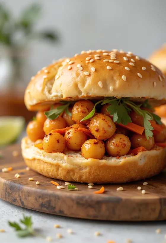 Mausteinen kikherne-bao bun tarjoiltuna
