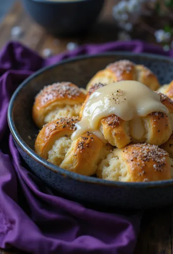 Mákos guba tomusokerilla ripoteltuna, vaniljakastikkeella tarjoiltuna