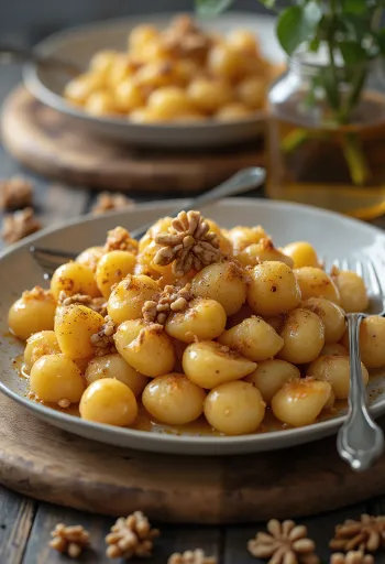 Hunaja-saksanpähkinägnocchi tarjoiltuna