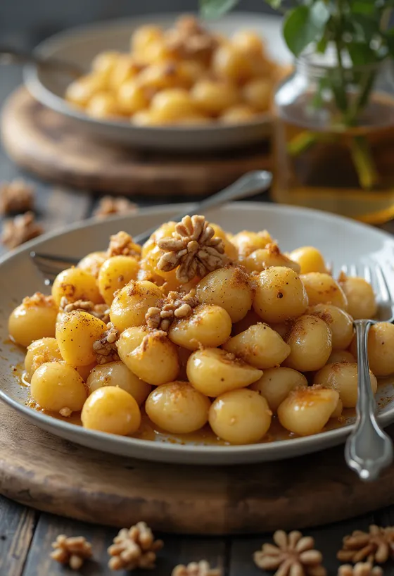 Hunaja-saksanpähkinägnocchi tarjoiltuna
