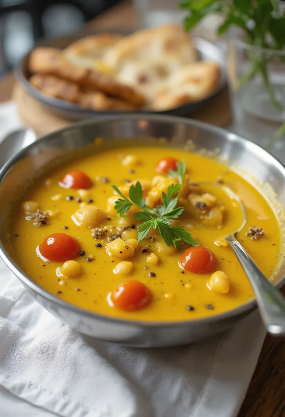 Moong Dal Fry runsailla mausteisilla mauilla, tuoreilla korianterinlehdillä.