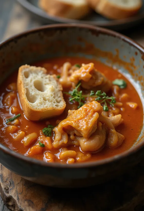 Naudanmahamuhennos mehevällä, mausteisella kastikkeella, tuoreen leivän kera tarjoiltuna