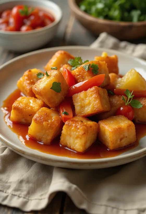 Rapea paistettu tofu hapanimeläkastikkeella tarjoiltuna